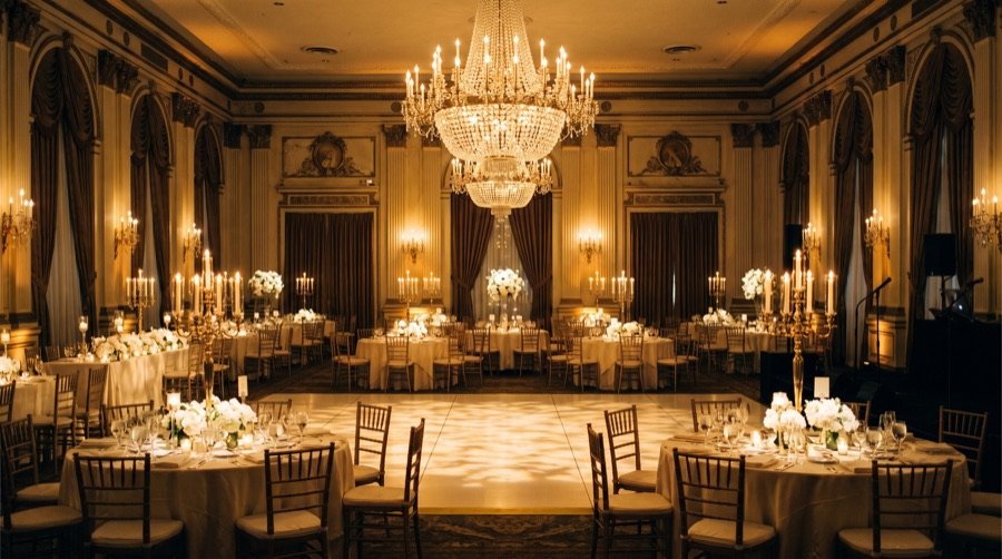 An empty grand ballroom set for a black-tie celebration