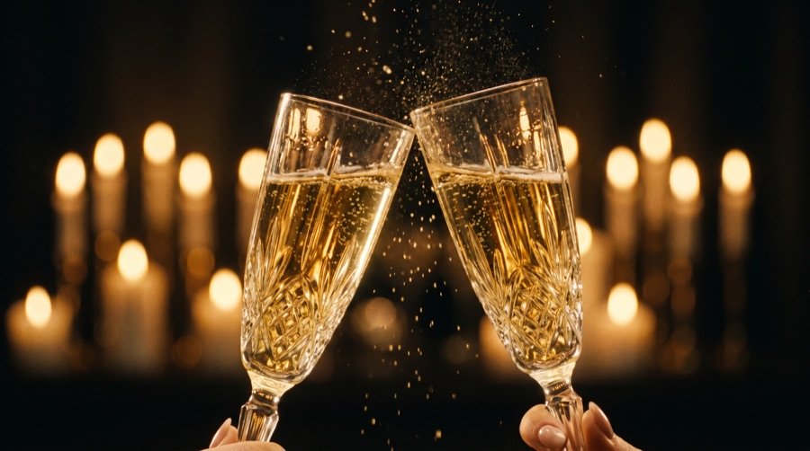 Two champagne flutes clinking before a wall of candles